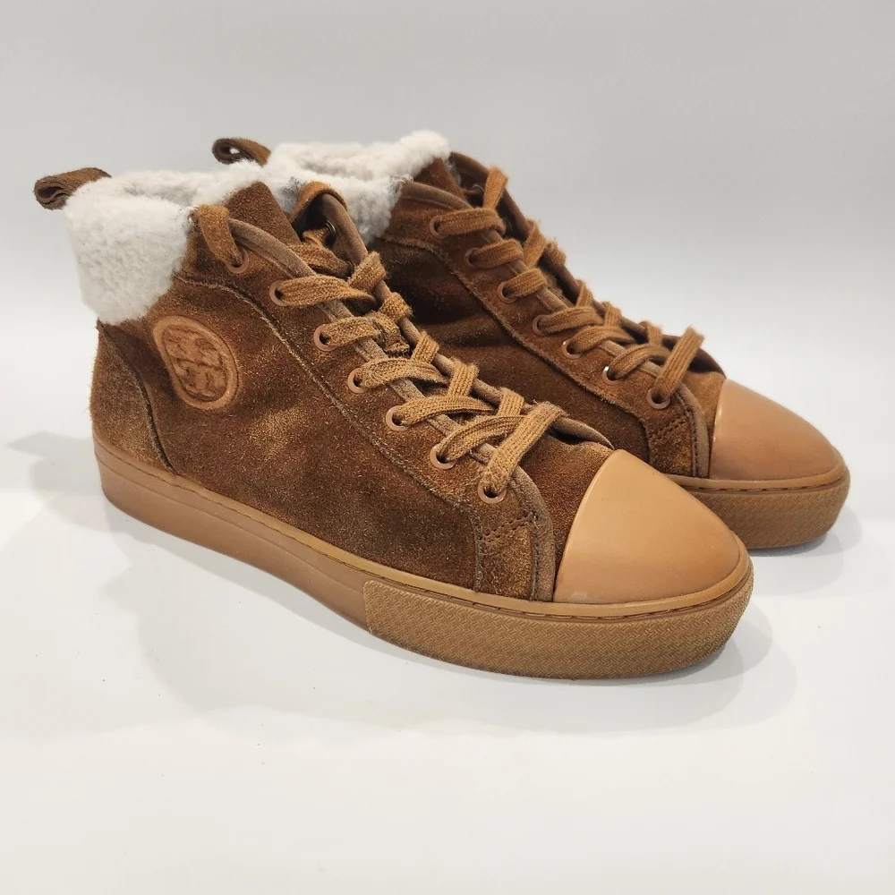 Tory Burch Brown Suede Shearling Trim High-Top Sneakers - Picture 2 of 9